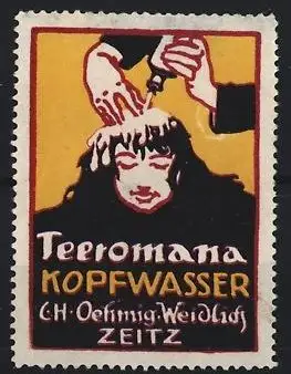 Reklamemarke Zeitz, Teeromana Kopfwasser, Frau bekommt eine Haarwäsche beim Friseur
