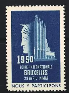 Reklamemarke Bruxelles - Brüssel, Foire Internationale 1950, Gebäude und Gesichtssilhouette