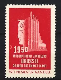 Reklamemarke Brussel - Brüssel, Internationale Jaarbeurs 1950, Kopfprofil und Gebäude