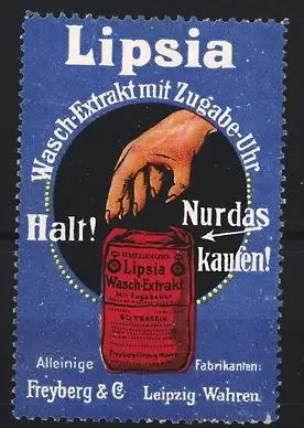 Reklamemarke Leipzig-Wahren, Lipsia Wasch-Extrakt, Hand mit Produktpackung