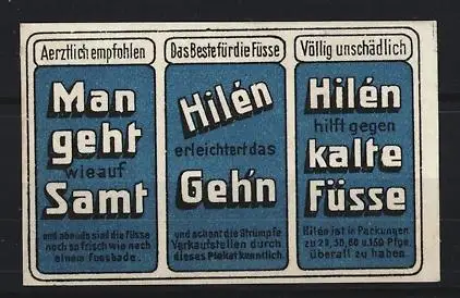 Reklamemarke Hilén, Fusspuder, Man geht wie auf Samt, Füsse