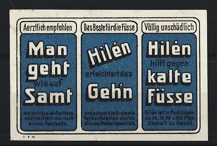 Reklamemarke Hilén erleichtert das Gehn, Fusspuder, Produktwerbung für Fusspflege