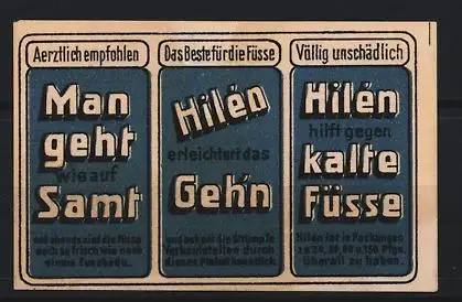 Reklamemarke Hilén Fusspuder, Man geht wie auf Samt, Fusspflegeprodukt