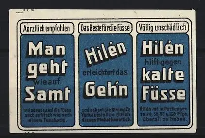 Reklamemarke Hilén Fusspuder, Man geht wie auf Samt, Fusspflegeprodukt