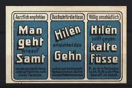 Reklamemarke Hilén Fusspuder, Man geht wie auf Samt, Fusspflegeprodukt