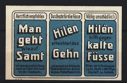 Reklamemarke Hilén, Fusspuder, Man geht wie auf Samt, hilft auch gegen kalte Füsse