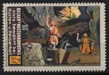 Reklamemarke Hamburg, Becker`s Hustenbonbons, Nibelungen-Saga - Siegfried mit Schwert