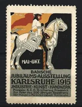 Reklamemarke Karlsruhe, Badische Jubiläums-Ausstellung 1915, Reiter auf Pferd