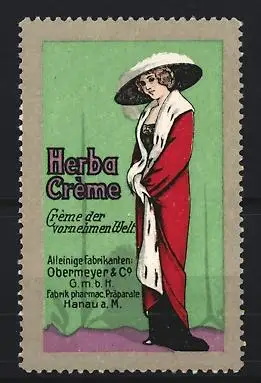 Reklamemarke Hanau a. M., Herba Creme, elegante Dame im roten Mantel
