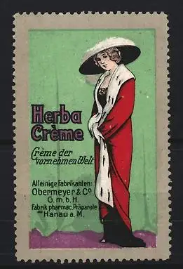 Reklamemarke Hanau a. M., Herba Crème, elegante Frau in rotem Mantel und Hut