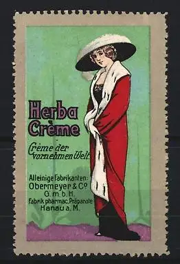 Reklamemarke Hanau a. M., Herba Crème, elegant gekleidete Dame
