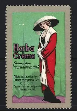 Reklamemarke Hanau a. M., Herba Creme, elegant gekleidete Dame