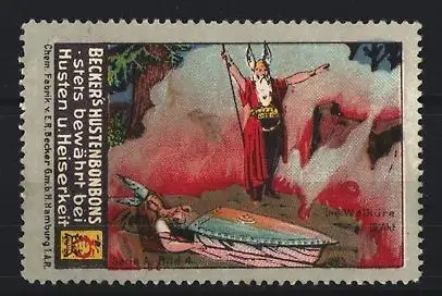 Reklamemarke Hamburg, Beckers Husten-Bonbons, Walküre mit Schwert Nibelungen Saga