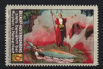Reklamemarke Hamburg, Becker`s Hustenbonbons, Wotan mit Speer und Walküre, Nibelungen-Saga
