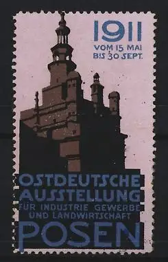 Reklamemarke Posen, Ostdeutsche Ausstellung 1911, Silhouette eines Turms