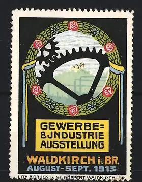 Reklamemarke Waldkirch, Gewerbe- & Industrie Ausstellung 1913, Zahnrad und Kranz