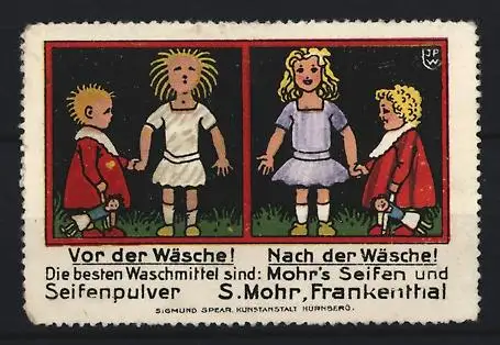 Künstler-Reklamemarke Johann Peter Werth, Frankenthal, Mohr`s Seifen und Seifenpulver, Vorher-Nachher-Vergleich