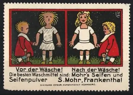 Künstler-Reklamemarke Johann Peter Werth, Frankenthal, Mohr`s Seifen und Seifenpulver, Vorher-Nachher-Darstellung