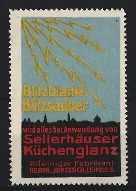 Reklamemarke Leipzig, Sellerhäuser Küchenglanz, Herm. Jentzsch, Blitze über Stadtsilhouette