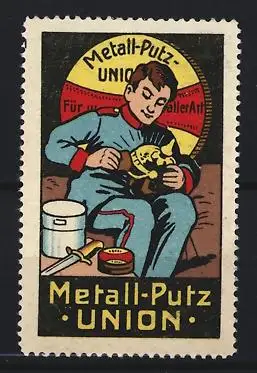 Reklamemarke Metall-Putz Union, Soldat beim Polieren seiner Pickelhaube