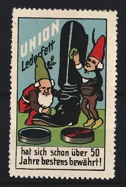 Reklamemarke Union, Lederfett, Wichtel reinigen Stiefel