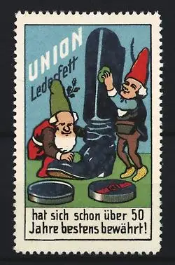 Reklamemarke Union Lederfett, Wichtel polieren Stiefel