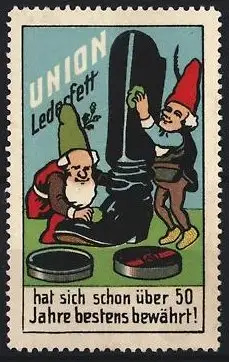 Reklamemarke Union Lederfett, Wichtel polieren Stiefel