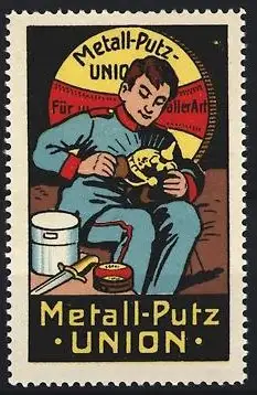 Reklamemarke Metall-Putz-Union, Metallpolitur, Soldat poliert Pickelhaube