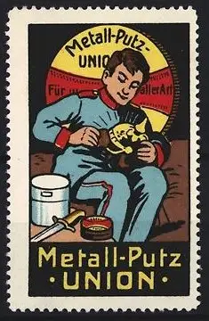 Reklamemarke Metall-Putz-Union, Metall-Politur, Soldat beim Polieren seiner Pickelhaube