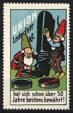 Reklamemarke UNION Lederfett, Zwerge polieren Stiefel