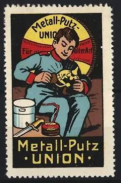 Reklamemarke Metall-Putz Union, Soldat poliert Pickelhaube
