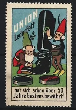 Reklamemarke Union Lederfett, Zwerge polieren Stiefel