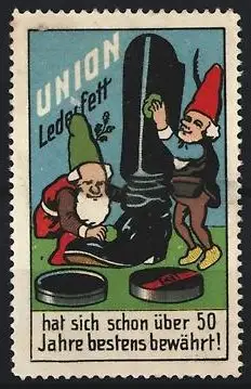 Reklamemarke UNION Lederfett, Zwei Zwerge polieren Stiefel
