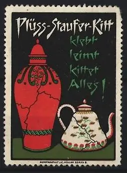 Reklamemarke Zürich, Plüss-Staufer-Kitt, geklebte Vase und Teekanne