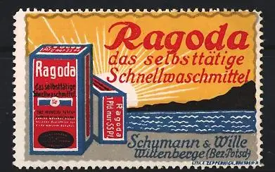 Reklamemarke Wittenberge, Ragoda das selbsttätige Schnellwaschmittel Schumann & Wille, Waschmittelverpackung