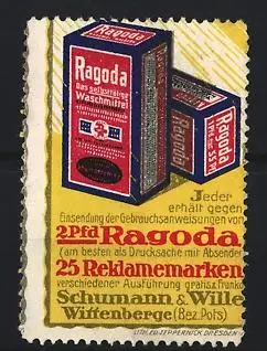 Reklamemarke Wittenberge, Ragoda Waschmittel, Schumann & Wille, Waschmittelpackung