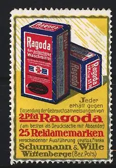 Reklamemarke Wittenberge, Ragoda Waschmittel, Schumann & Wille, Waschmittelpackung