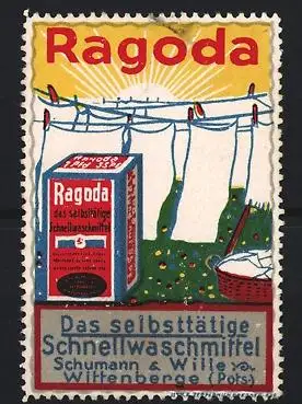 Reklamemarke Wittenberge, Ragoda Schnellwaschmittel, Schumann & Wille, Waschmittelpackung und Wäscheleine