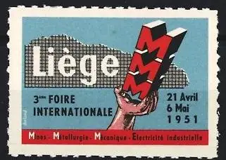 Reklamemarke Liege - Lüttich, 3ème Foire Internationale 1951, Hand mit MMM-Symbol