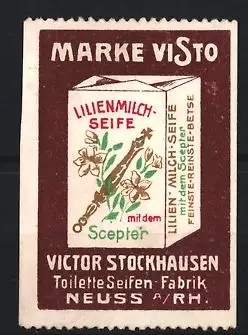 Reklamemarke Neuss / Rhein, Lilienmilch-Seife, Victor Stockhausen, Lilien und Zepter auf Seifenpackung