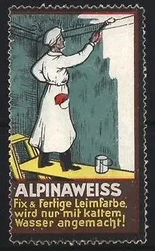 Reklamemarke Alpinaweiss, Maler mit Pinsel und Wandfarbe bei der Arbeit
