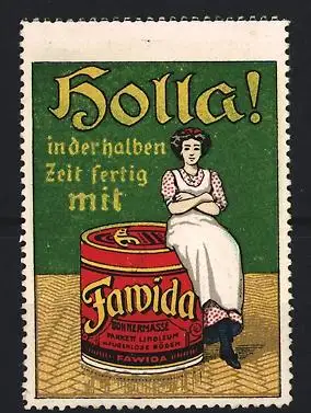 Reklamemarke Fawida Bohnermasse, Frau auf übergrosser Dose sitzend
