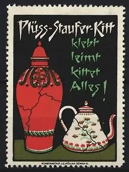 Reklamemarke Plüss-Staufer-Kitt, geklebte Vase und Kanne