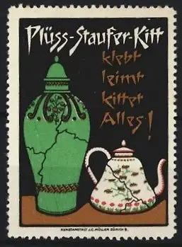 Reklamemarke Plüss-Staufer-Kitt, Klebstoff, Vase und Teekanne