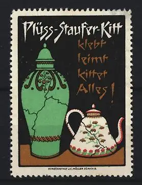 Reklamemarke Plüss-Staufer-Kitt, Klebstoff, Vasen und Teekanne