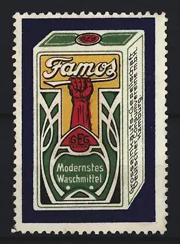 Reklamemarke Famos Modernstes Waschmittel, Rote Faust