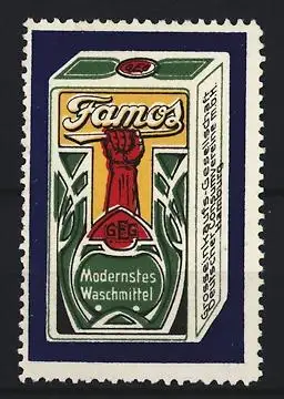 Reklamemarke Hamburg, GEG, Famos Modernstes Waschmittel, Waschmittelpackung mit roter Faust