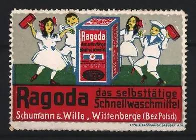 Reklamemarke Wittenberge, Ragoda das selbsttätige Schnellwaschmittel Schumann & Wille, Kinder tanzen um Waschmittelpaket
