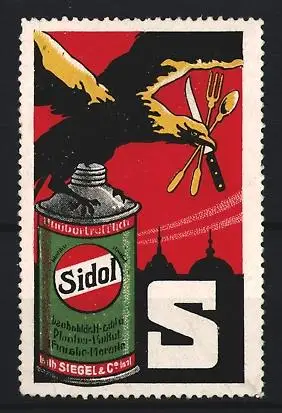 Reklamemarke Köln, Sidol Metallputz Ernst Siegel & Co., Adler mit Besteck und Dose Metallputz