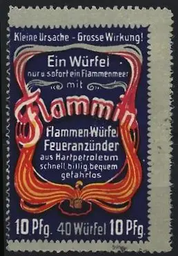 Reklamemarke Flammin, Flammen-Würfel, Kohlen und Feueranzünder